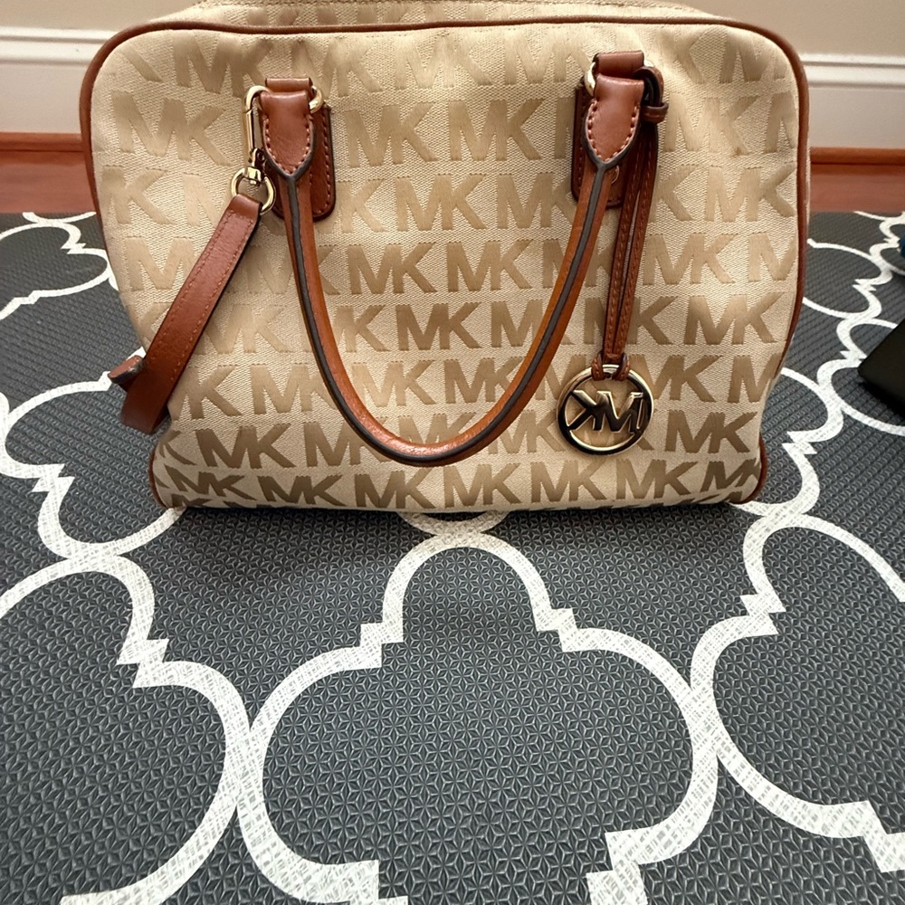 Michael Kors Tan and Brown Satchel with Monogram Print
